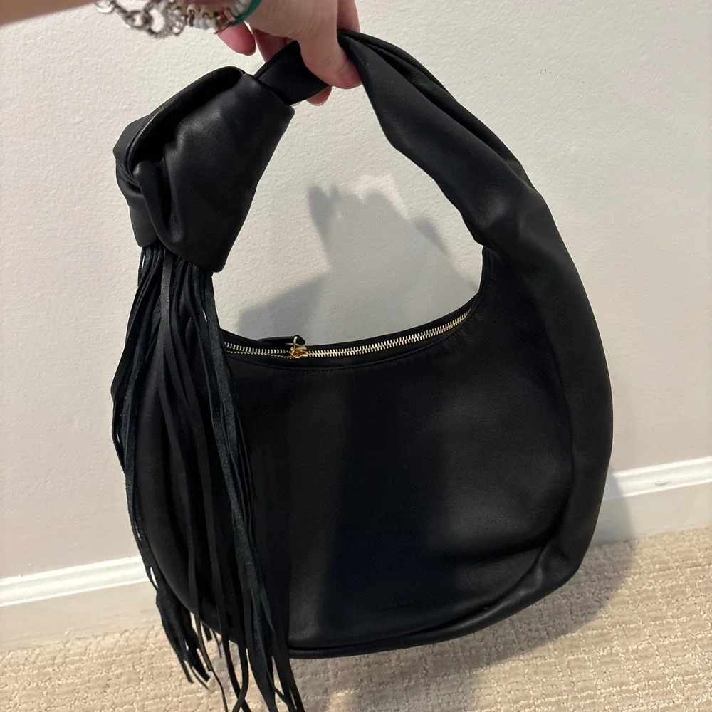 REIKE NEN‎ Women's Black Leather Tasseled Knot Detail Handle Strap Handbag Purse